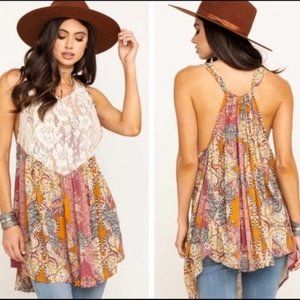 Free People Tunic Top Mini Dress  Count Me In Trapeze Lace Floral Size X-Small